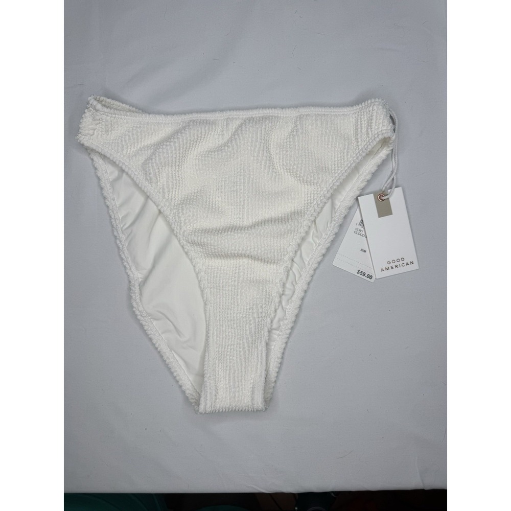 Good American Always Fit Bikini Bottoms White Textured High Cut Cheeky S/M NWT